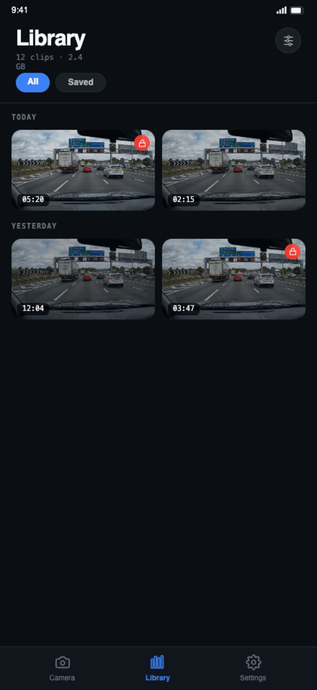 Dashoo clip library on Android showing saved and protected driving clips